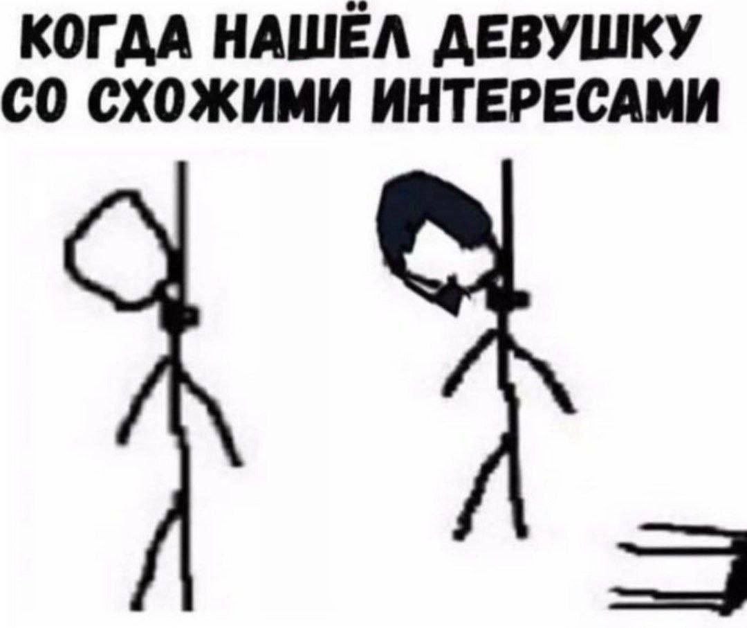 Когда нашёл девушку со схожими интересами Когда нашёл девушку со схожими интересами - мем с двумя висящими на петлях стикменами, мужчиной и женщиной.