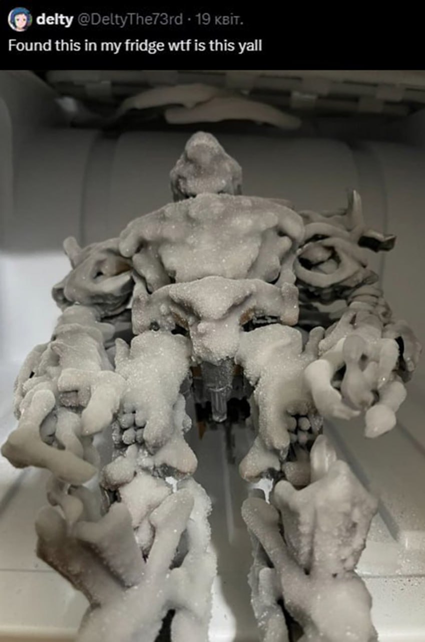 Found this in my fridge wtf is this yall Замороженная фигурка, найденная в холодильнике, напоминающая большого каменного или ледяного монстра из видеоигры.