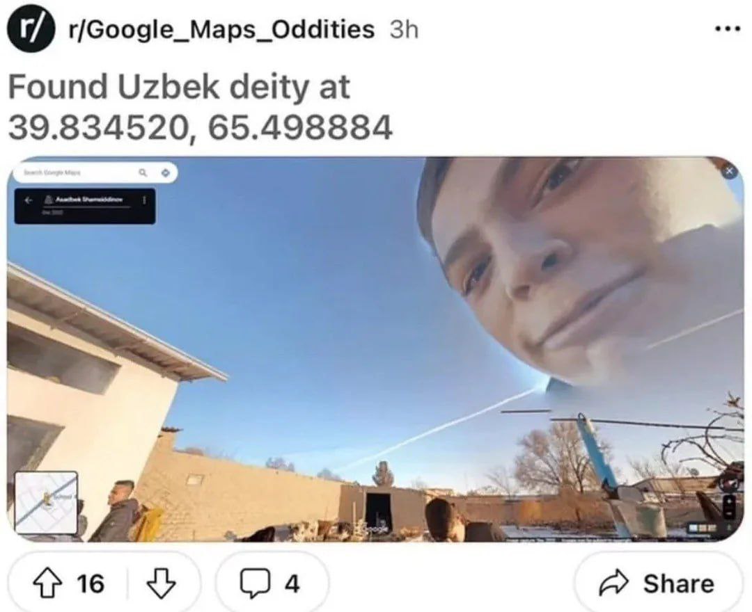 Узбекское божество на Google Картах: скриншот с Reddit с крупным планом лица парня
