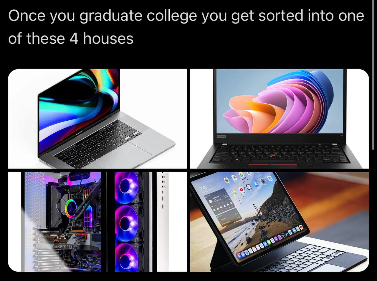 После колледжа тебя определят в один из четырех домов: MacBook, Lenovo ThinkPad, игровой ПК или iPad с клавиатурой