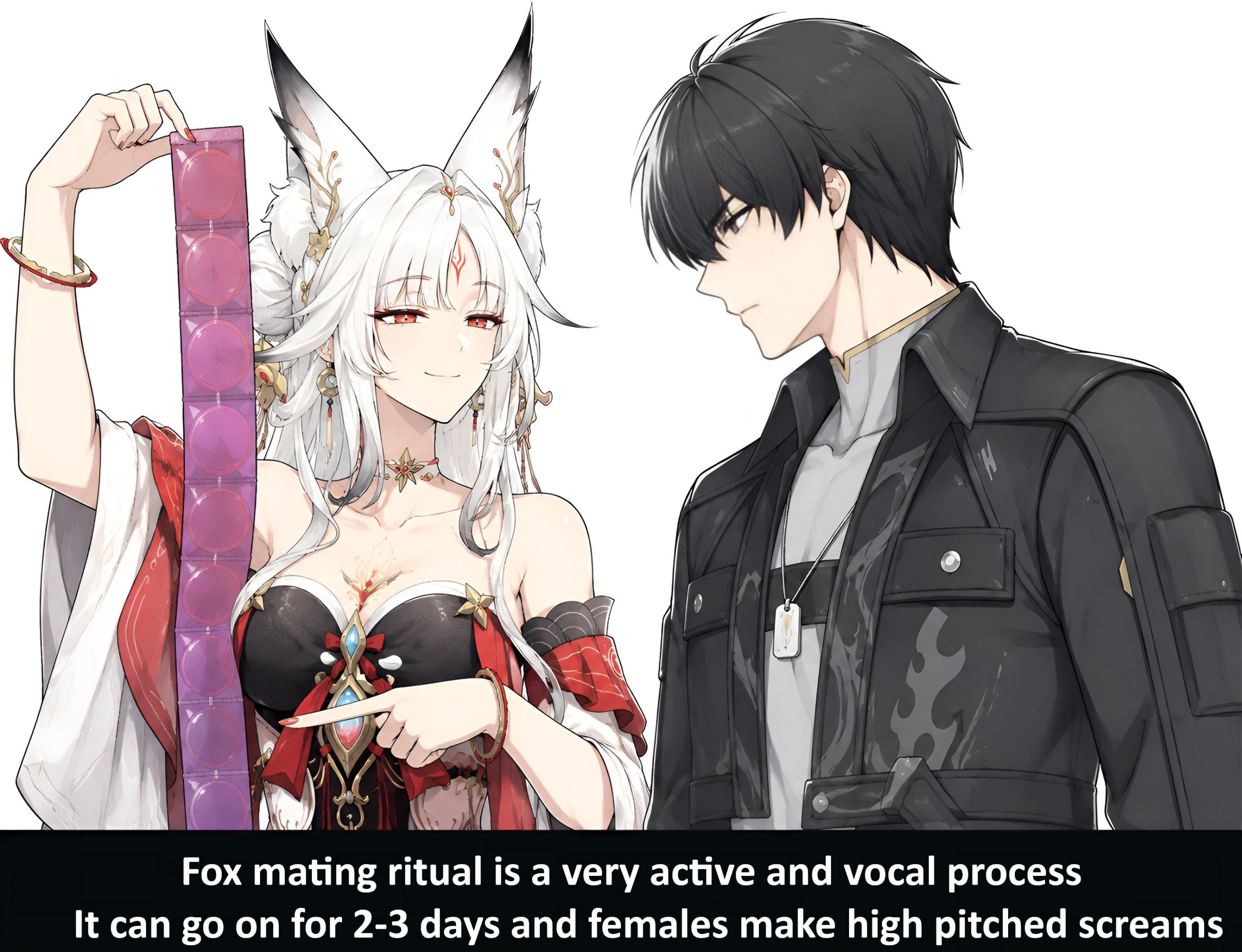 Девушка с лисьими ушами предлагает презервативы парню, сопровождая это рассказом о громком брачном ритуале лис.