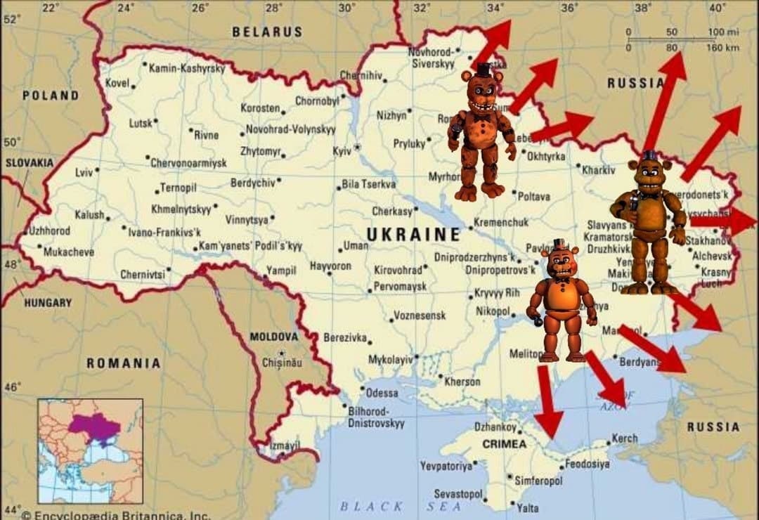 Фредди Фазбер на карте Украины Мем с Фредди Фазбером на карте Украины со стрелками в сторону России