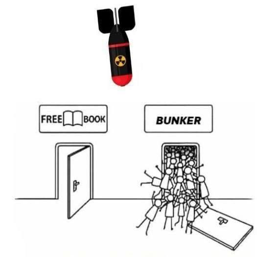 Бомба сверху, а снизу выбор между «Free book» и «Bunker»: к бункеру ломится толпа, а дверь с бесплатной книгой стоит пустая.