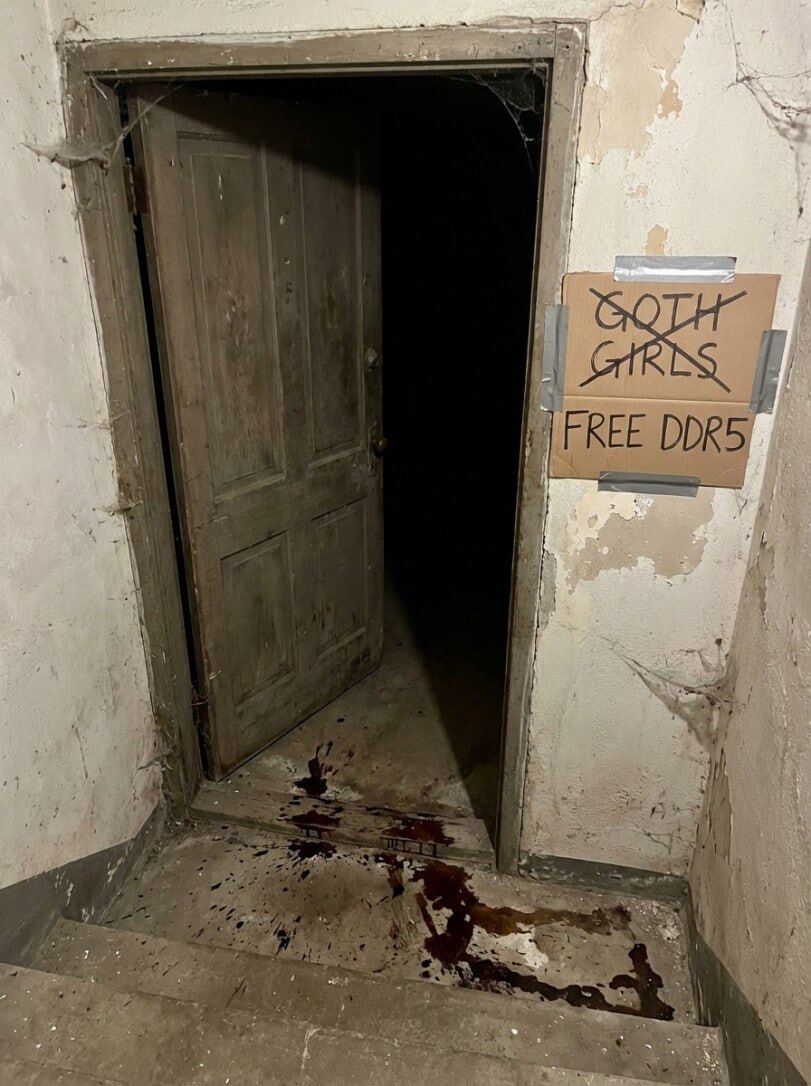 Мем с приоткрытой дверью, пятнами крови на полу и надписью "FREE DDR5" вместо "GOTH GIRLS"