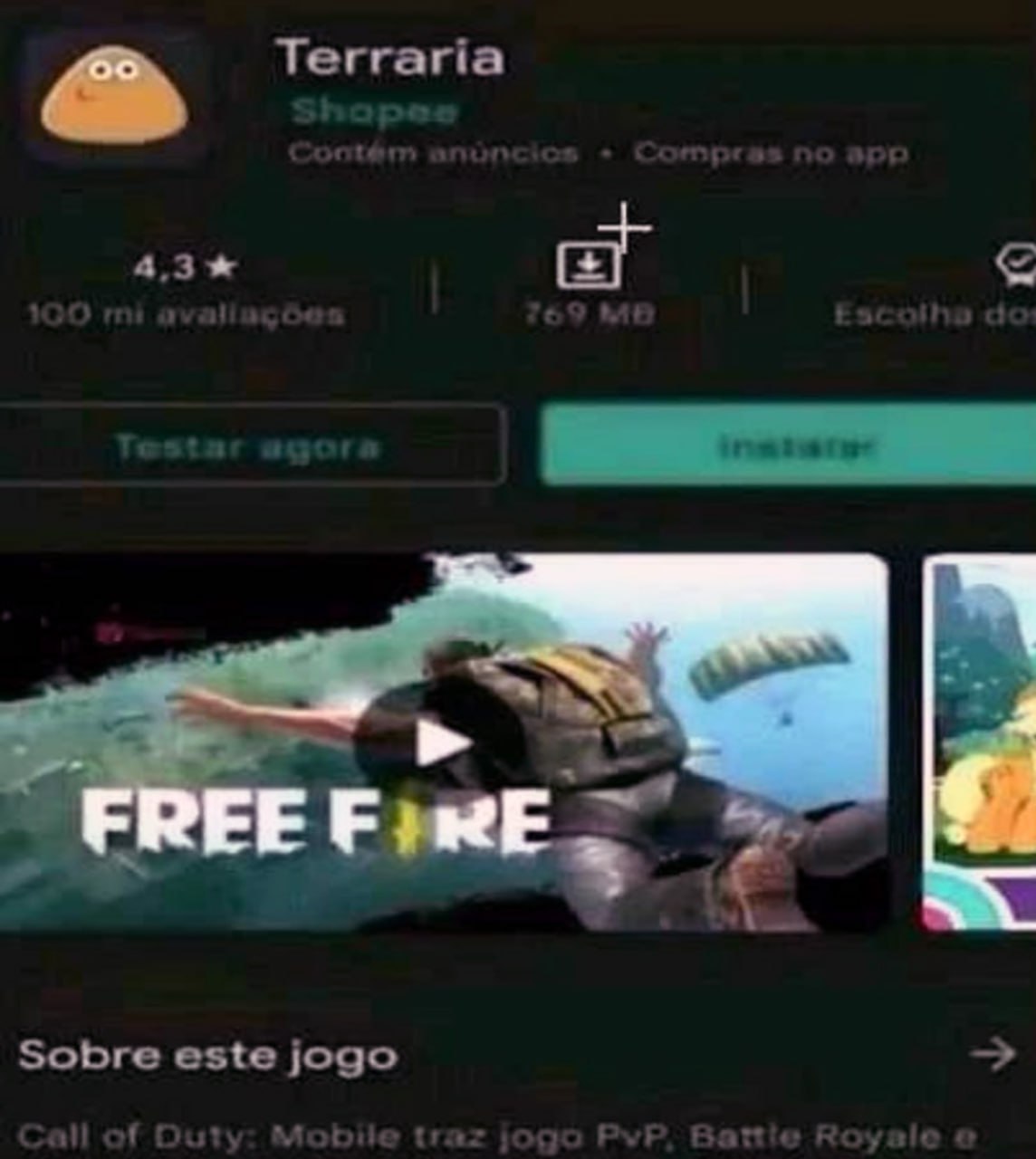 Free Fire на странице Terraria в Google Play Скриншот экрана смартфона, на котором открыта страница приложения Terraria в Google Play, однако вместо скриншотов самой игры, на ней отображается видео из Free Fire.