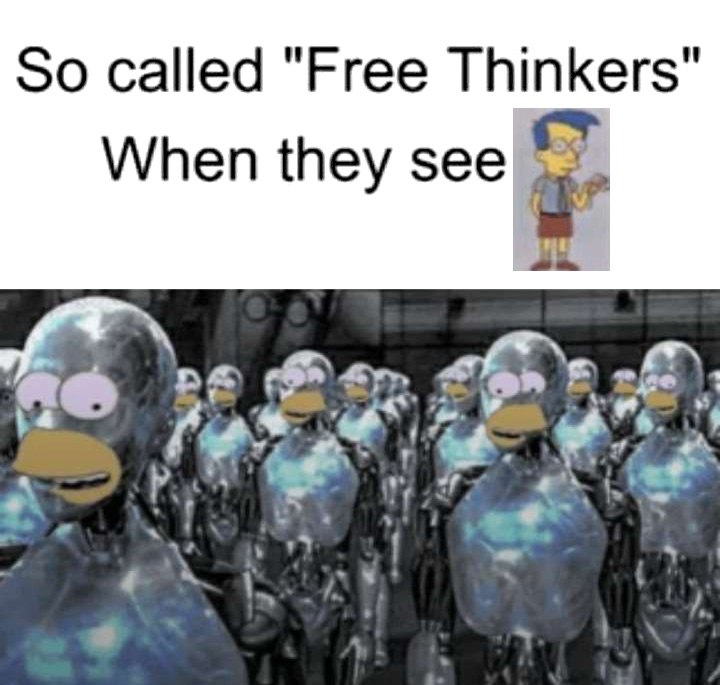 Free Thinkers и роботы с лицами Гомера Мем с так называемыми свободными мыслителями, которые ведут себя как роботы с лицами Гомера Симпсона и утконоса.