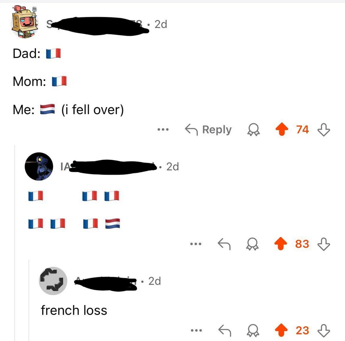 Мем French loss с флагами Мем с флагами Франции, где пользователь падает, а комментатор пишет "french loss"
