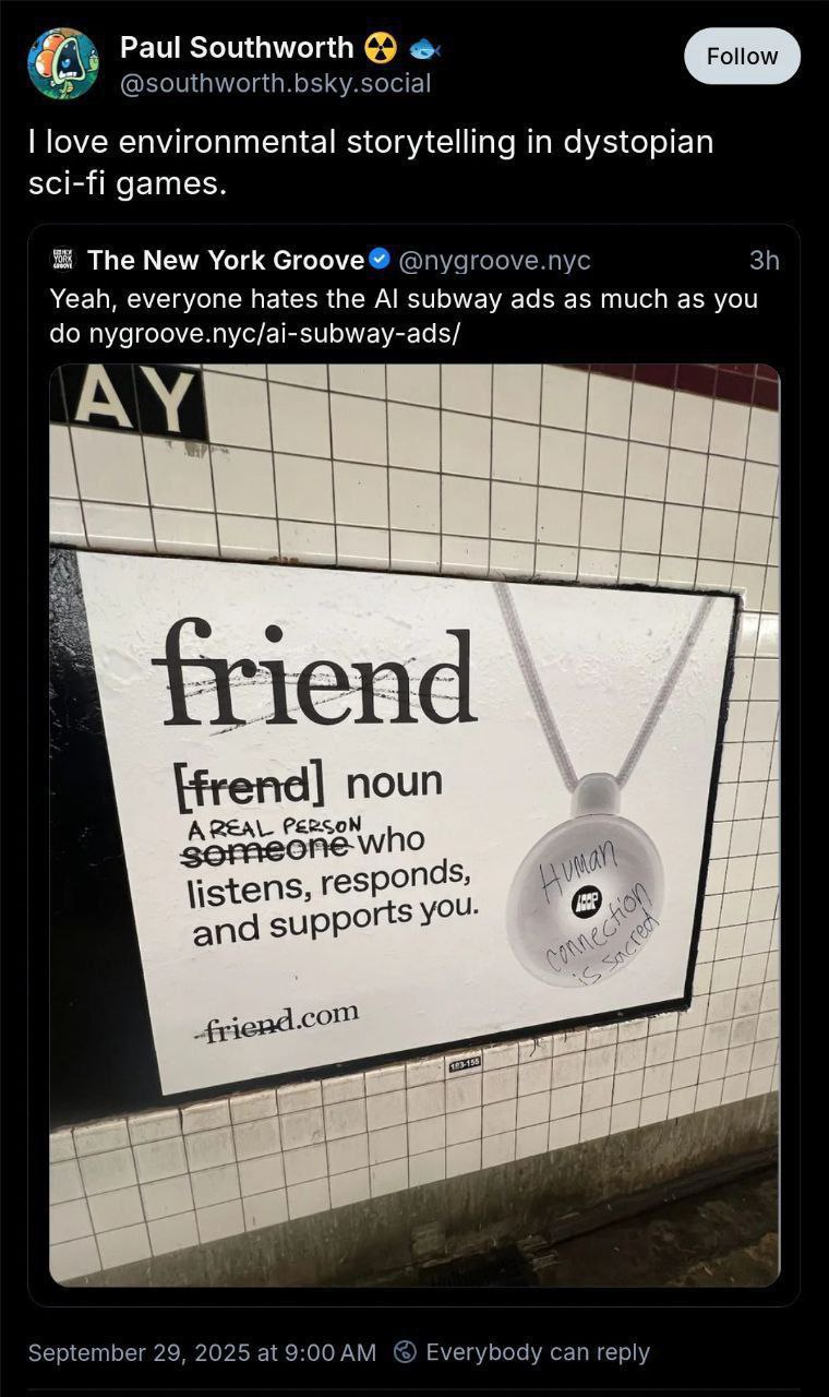 Рекламный постер с определением слова "друг" и надписью "Human connection is sacred" на стене метро