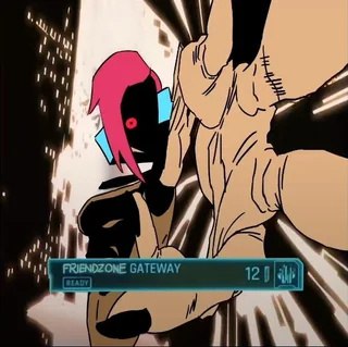 Персонажи из аниме или игры на фоне киберпанк города и интерфейса «Friendzone Gateway»