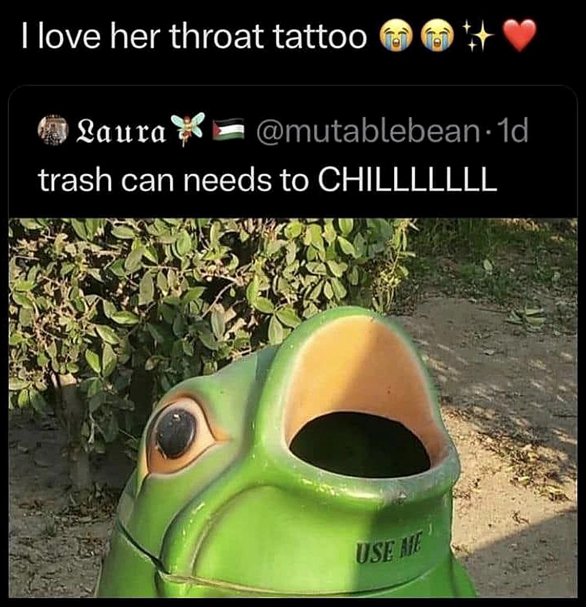 I love her throat tattoo Мусорка в виде лягушки смотрит вверх с открытым ртом