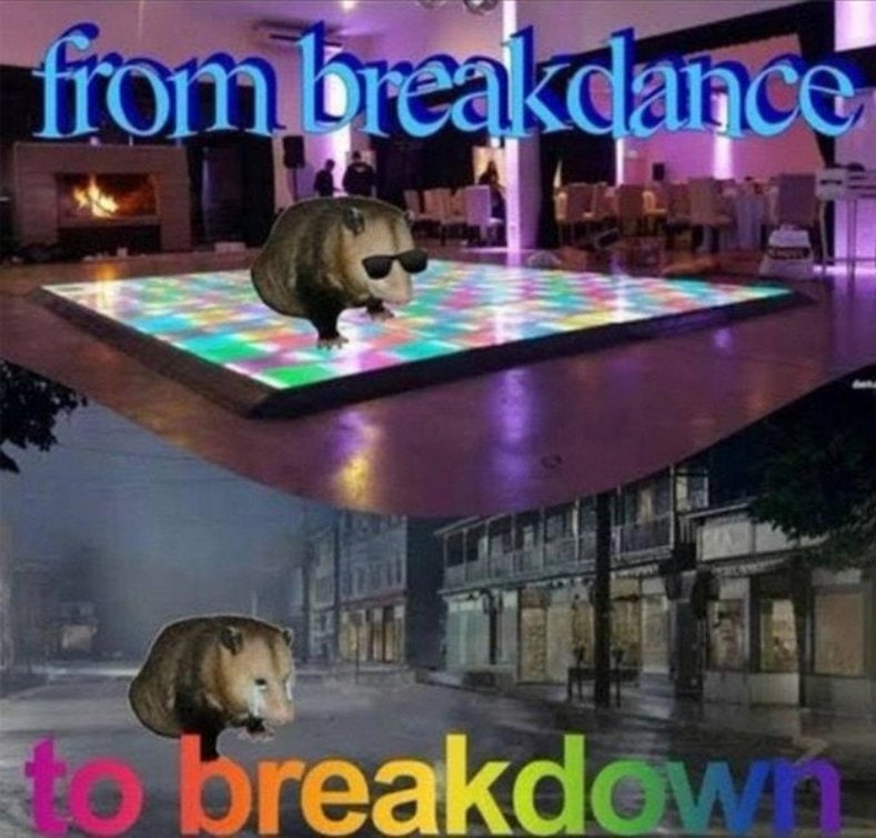 From breakdance to breakdown Мем про опоссума на танцполе и под дождём с надписями From breakdance to breakdown