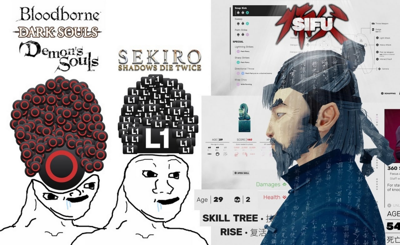 Игры FromSoftware vs Sekiro и Sifu Мем, сравнивающий механики уклонения в играх FromSoftware (Bloodborne, Dark Souls, Demon's Souls) с механиками парирования в Sekiro: Shadows Die Twice и Sifu, через лица "вояков" и кнопки контроллера.