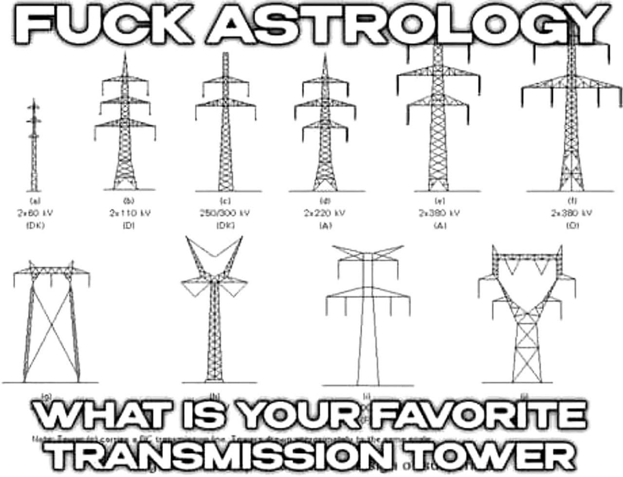 Fuck astrology, какая твоя любимая опора ЛЭП Мем с надписью «Fuck astrology, what is your favorite transmission tower» и изображением различных видов опор линий электропередач.