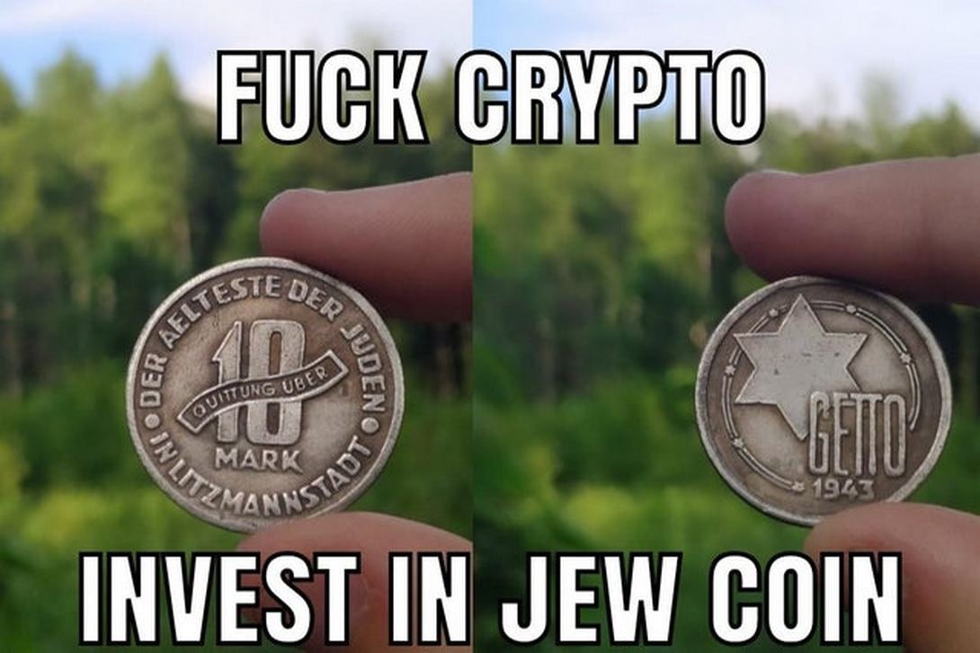 Fuck crypto invest in Jew coin Мем с надписями "Fuck crypto" и "Invest in Jew coin" и монетами.