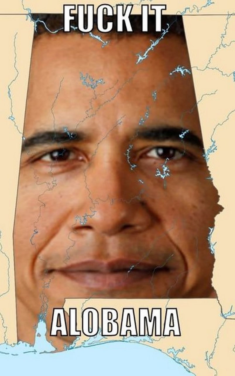 Fuck it Alobama Карта штата Алабама с лицом Барака Обамы и надписью "fuck it Alobama"