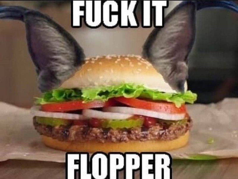 Fuck it Flopper Мем с котом Флоппой, который превратился в бургер с ушами.