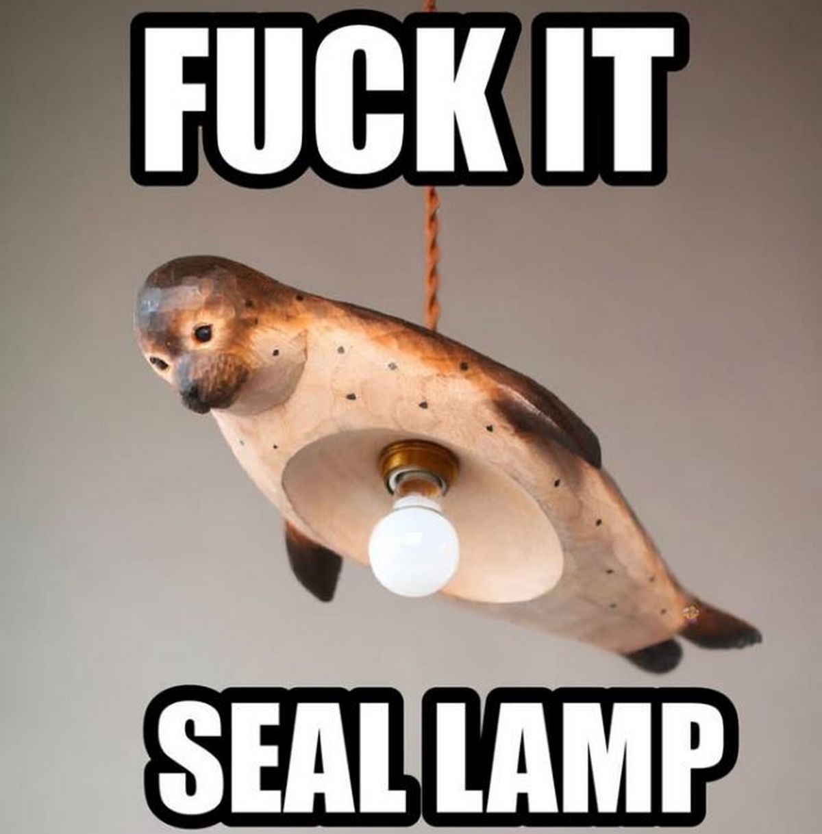 Fuck it. Seal lamp Фотография необычной лампы в виде тюленя, висящей на веревке, с текстом «Fuck it. Seal lamp.»