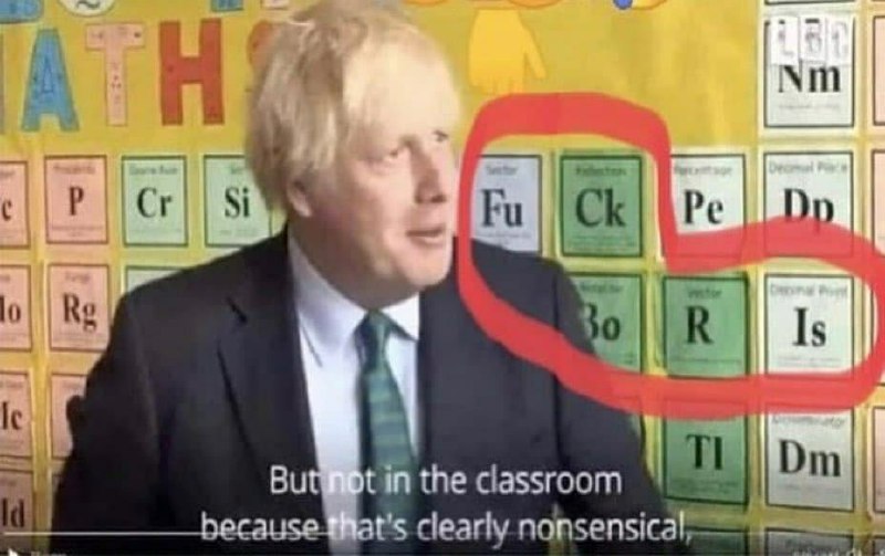 FUCK PE R IS Борис Джонсон перед "периодической таблицей", на которой сложено "FUCK PE R IS".