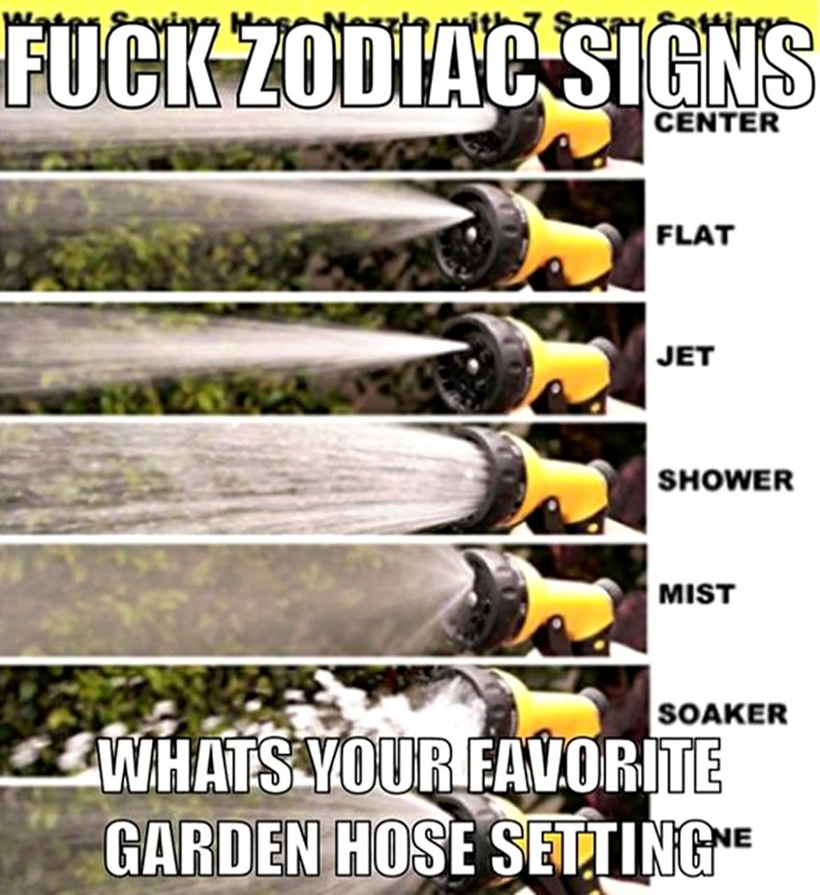 Fuck zodiac signs, what's your favorite garden hose setting Мем с надписью «Fuck zodiac signs, what's your favorite garden hose setting», где показаны различные режимы работы насадки для шланга: «Center», «Flat», «Jet», «Shower», «Mist» и «Soaker».