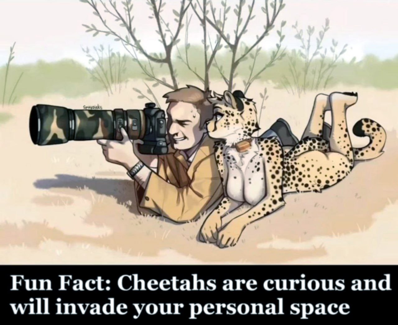 Fun Fact: Cheetahs are curious and will invade your personal space Мужчина-фотограф с камерой, лежащий на земле, и девушка-гепард, прислонившаяся к нему сзади, с подписью "Fun Fact: Cheetahs are curious and will invade your personal space"