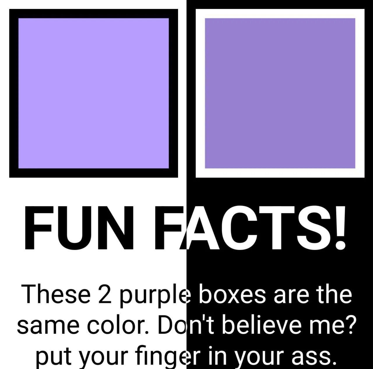Fun facts. Два фиолетовых квадрата Мем с двумя фиолетовыми квадратами, которые на самом деле одинакового цвета, несмотря на то, что кажутся разными из-за контрастных рамок и фона, с приколом ниже: «Не веришь мне? Засунь палец себе в задницу»