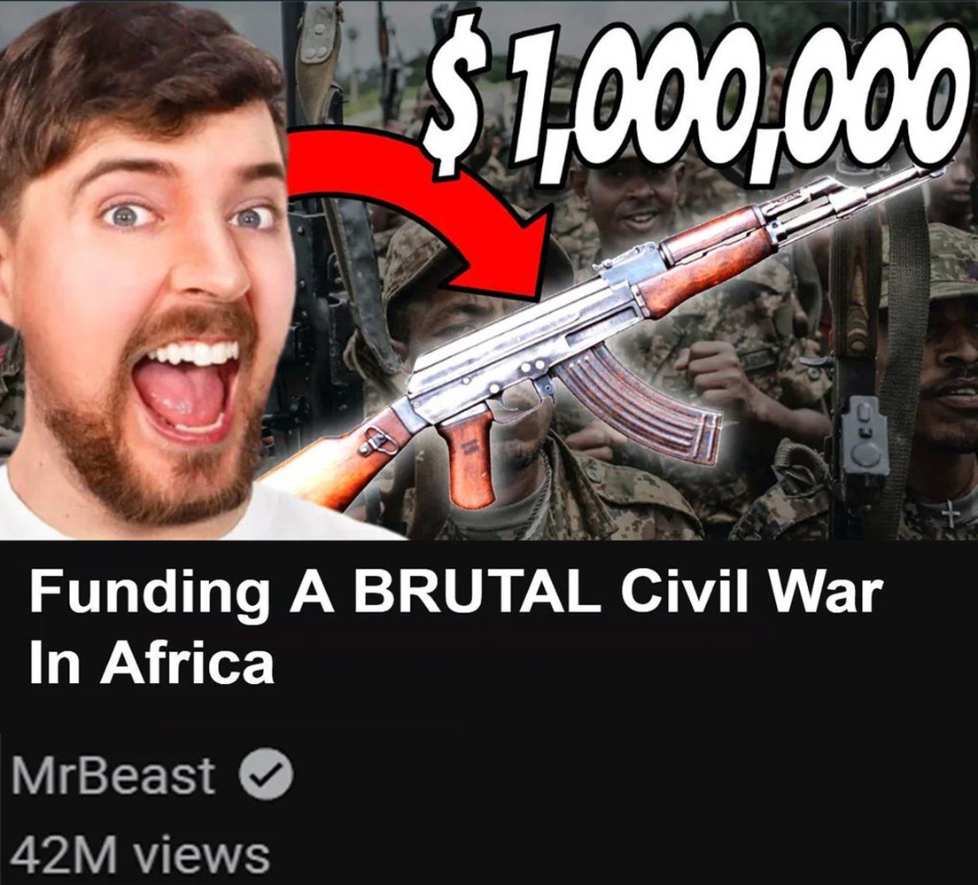 Funding A BRUTAL Civil War In Africa MrBeast Мем с MrBeast'ом и заголовком "Финансирование жестокой гражданской войны в Африке"