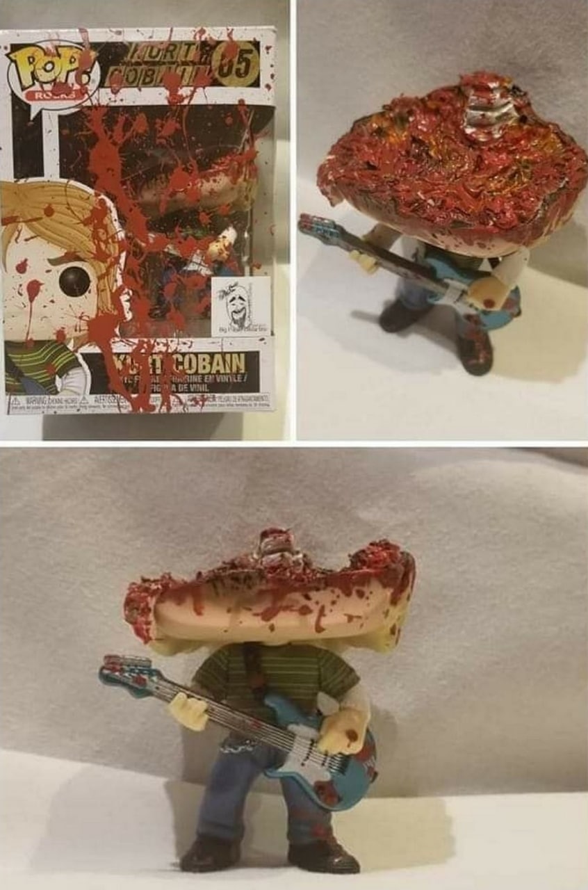 Funko Pop Курт Кобейн с мозгами Мем Funko Pop Курт Кобейн с разбрызганными вокруг мозгами, имитирующими выстрел из ружья
