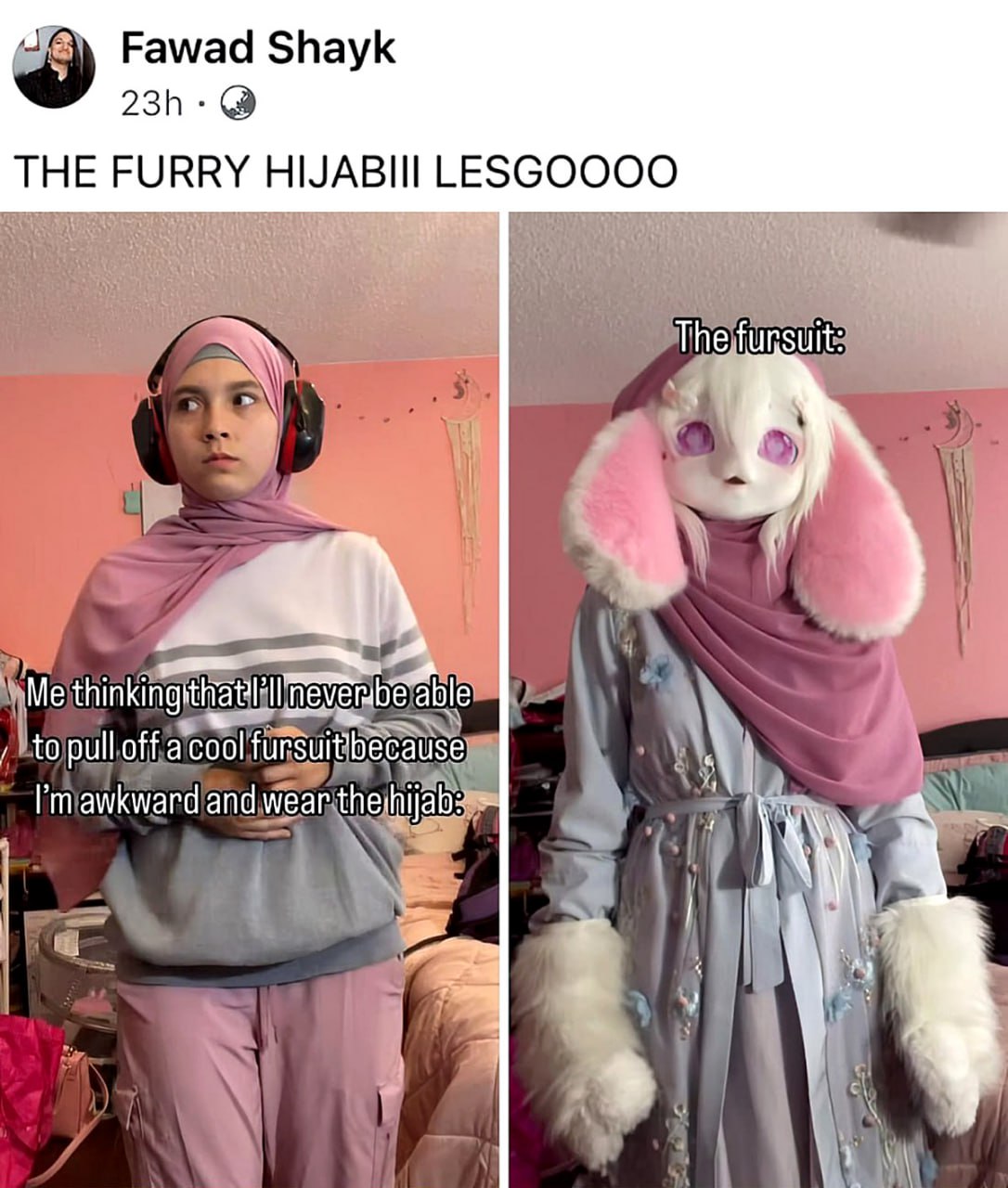 The furry hijabi Девушка в хиджабе надевает костюм фурри кролика