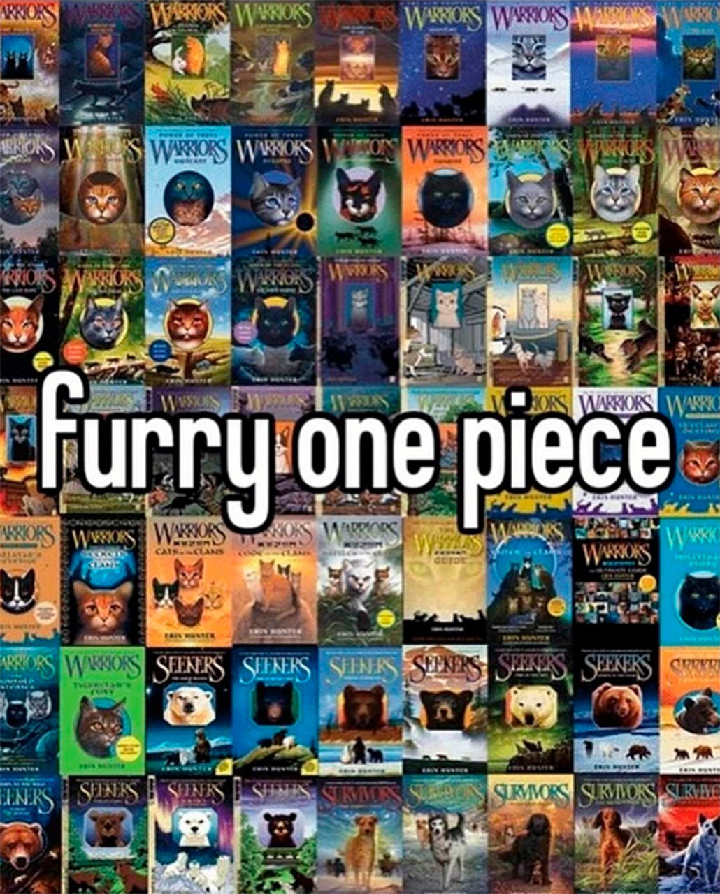Furry one piece Мем с надписью «furry one piece» на фоне обложек книг про животных
