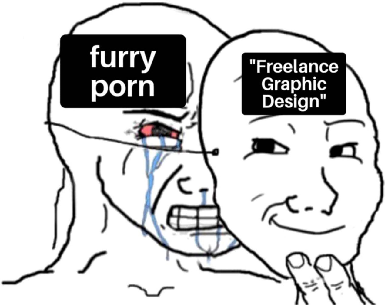 Furry porn и Freelance Graphic Design Мем, где человек в маске "Freelance Graphic Design" скрывает за ней плачущее лицо с надписью "furry porn".