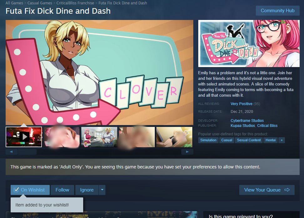 Мем Futa Fix Dick Dine and Dash Скриншот страницы игры Futa Fix Dick Dine and Dash в Steam, демонстрирующий обложку игры и описание, а также пометку «Только для взрослых».
