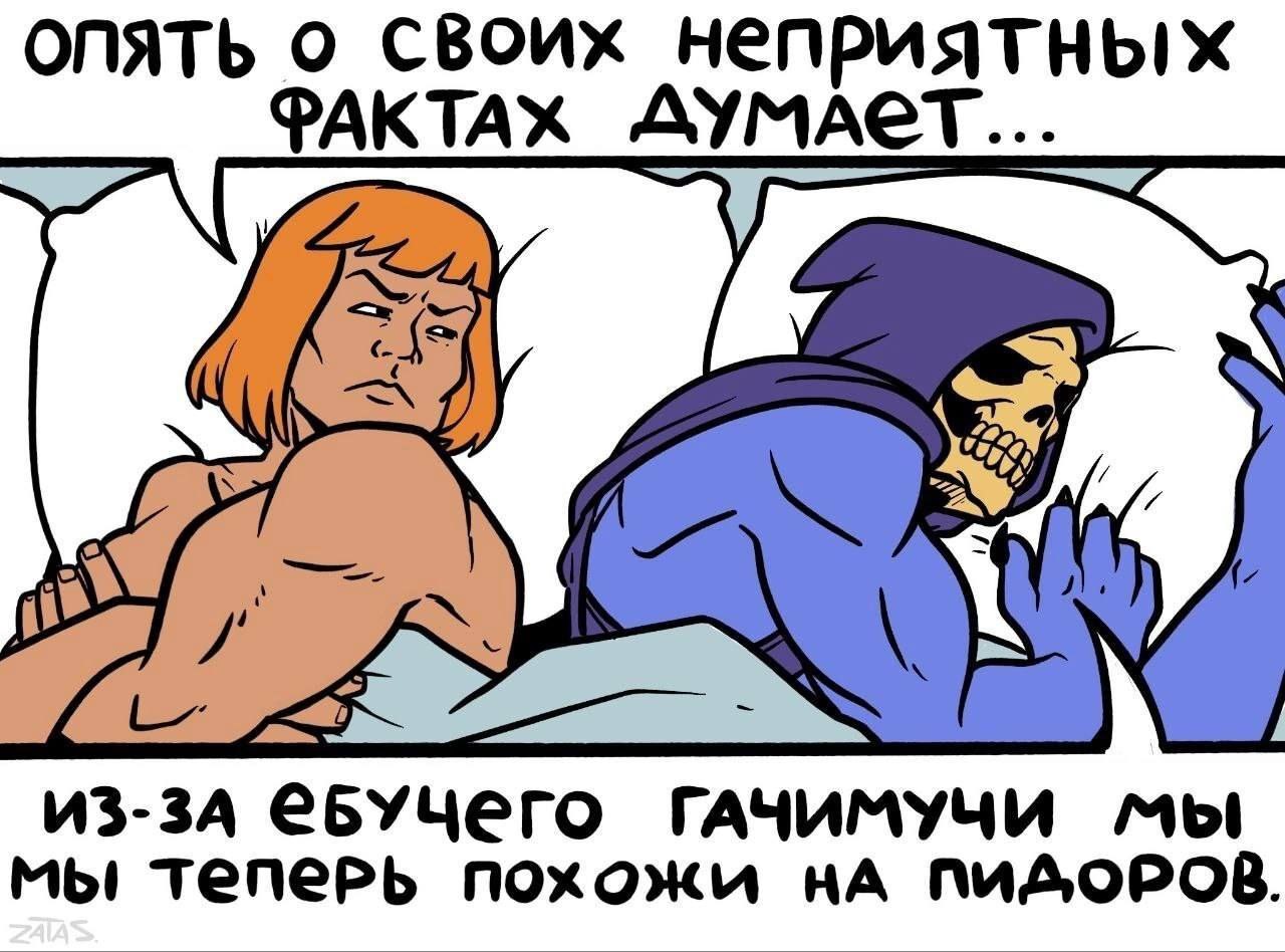 Из-за ебучего гачимучи мы теперь похожи на пидоров Хи-Мен и Скелетор лежат в постели, и Хи-Мен жалуется, что из-за гачимучи они теперь похожи на геев.