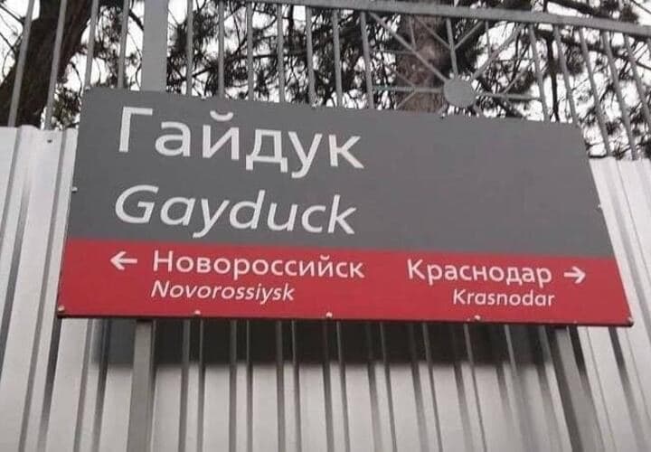 Гайдук Gayduck Дорожный указатель на населенный пункт Гайдук, название которого в английской транскрипции выглядит как Gayduck.