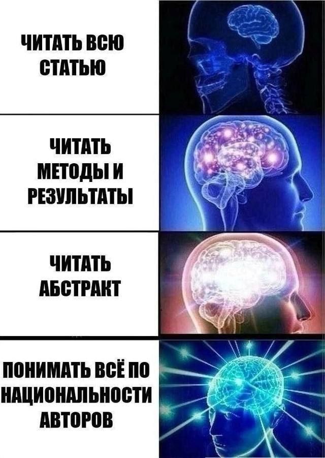 Увеличение мозга от чтения статей Мем с изображением четырех стадий "расширяющегося мозга" в процессе чтения статей: от полного текста до понимания по национальности авторов.