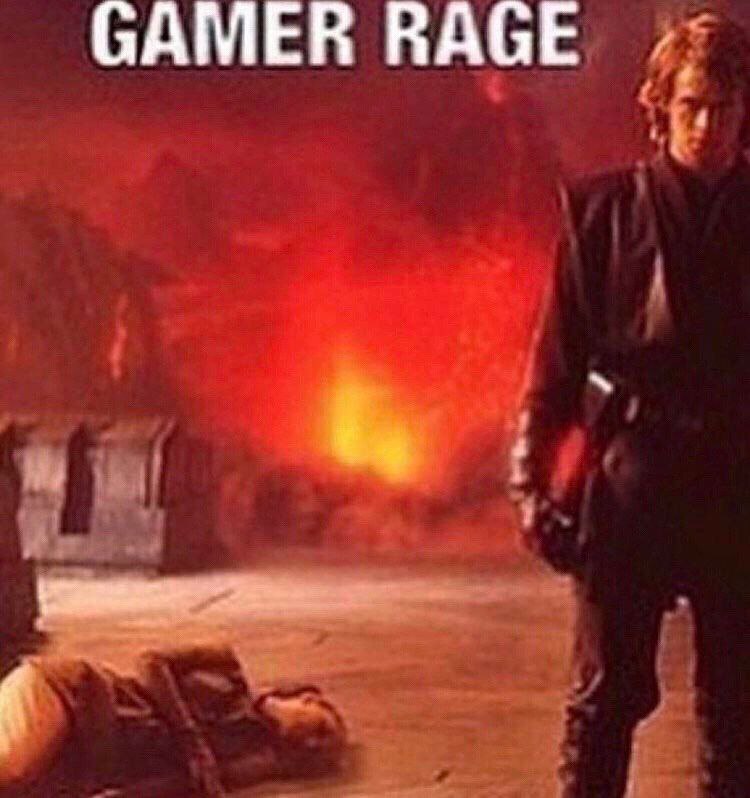 Gamer rage Анакин Скайуокер стоит на планете Мустафар, на заднем плане видны потоки лавы, а на земле лежит Оби-Ван Кеноби.
