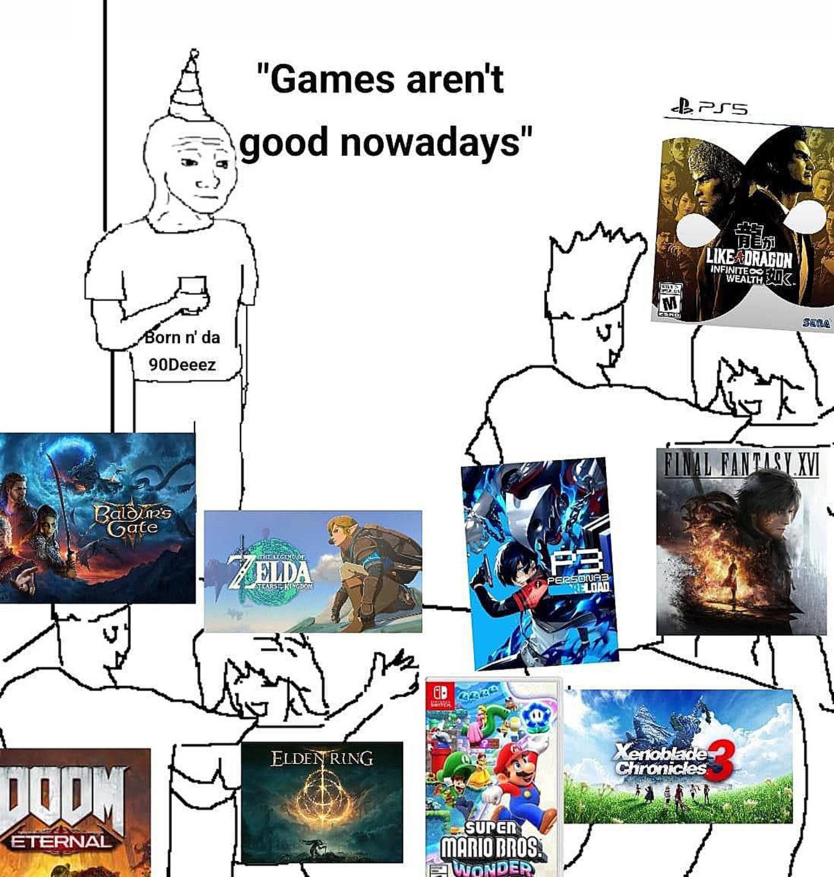 Games aren't good nowadays Мем, где два человека, один из которых говорит, что игры сейчас не очень, а второй показывает множество крутых современных игр.
