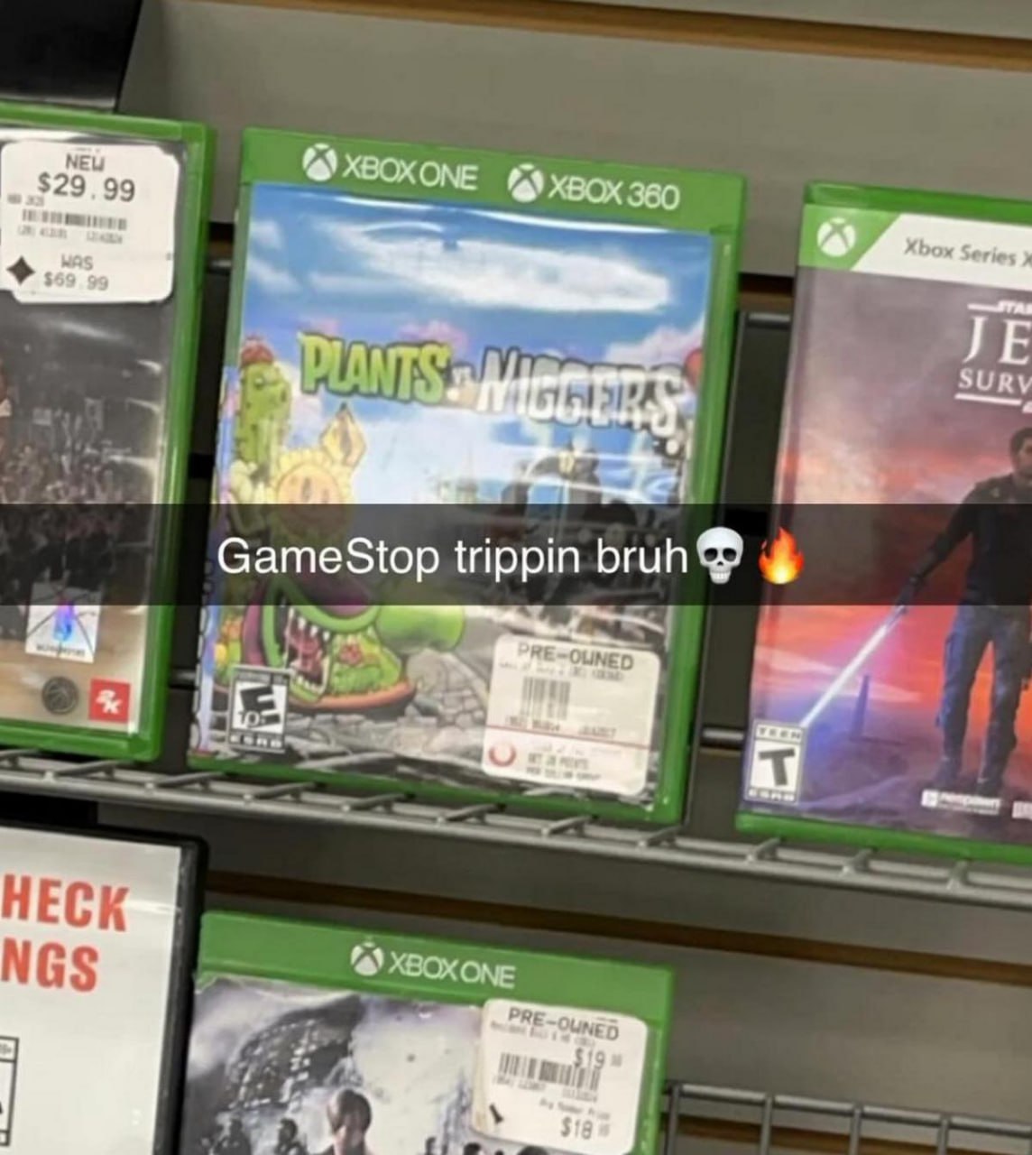 GameStop trippin bruh Plants vs N_ggers Мем, на котором в магазине видеоигр GameStop на обложке Plants vs Zombies написано Plants vs N_ggers, а снизу есть подпись «GameStop trippin bruh»