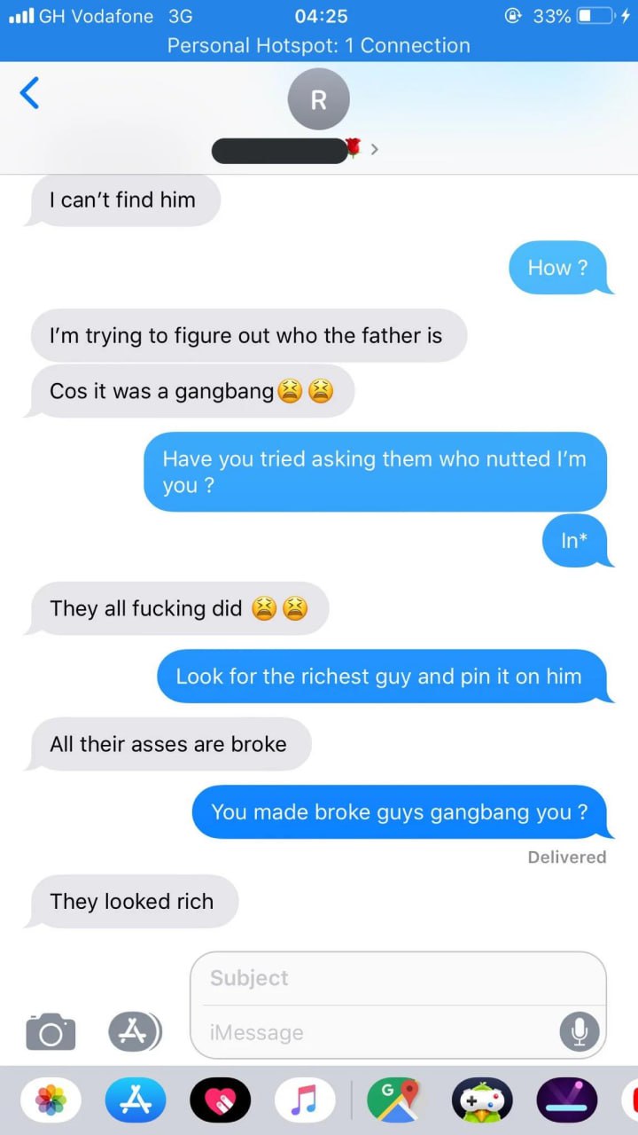 They looked rich Скриншот переписки в iMessage, где девушка пытается найти отца своего ребенка после группового секса с нищими парнями, которые выглядели богатыми.