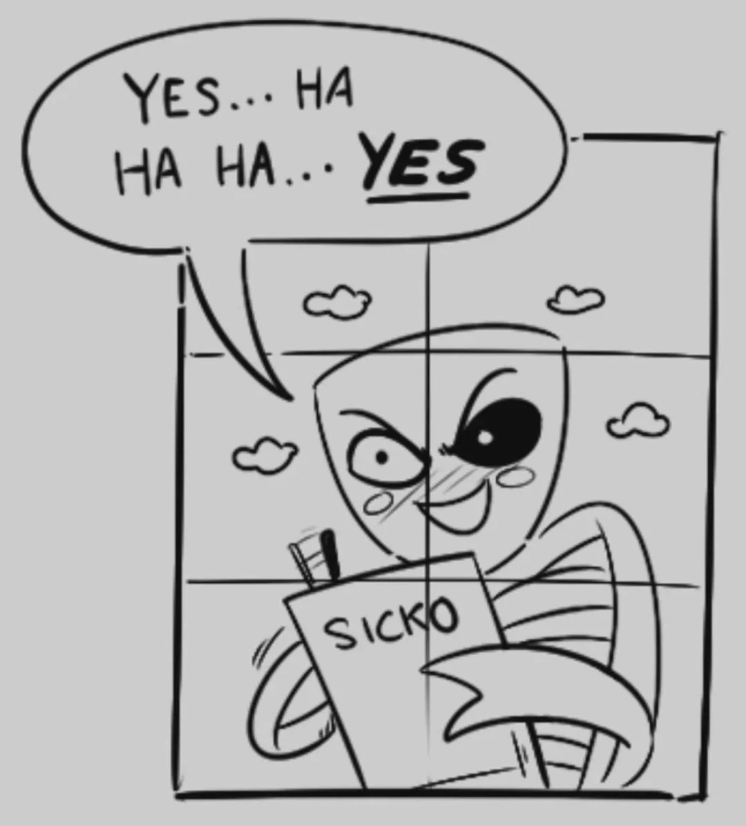 Gangle из TADC безумно смеётся и держит табличку «SICKO», повторяя: «YES... HA HA HA... YES».