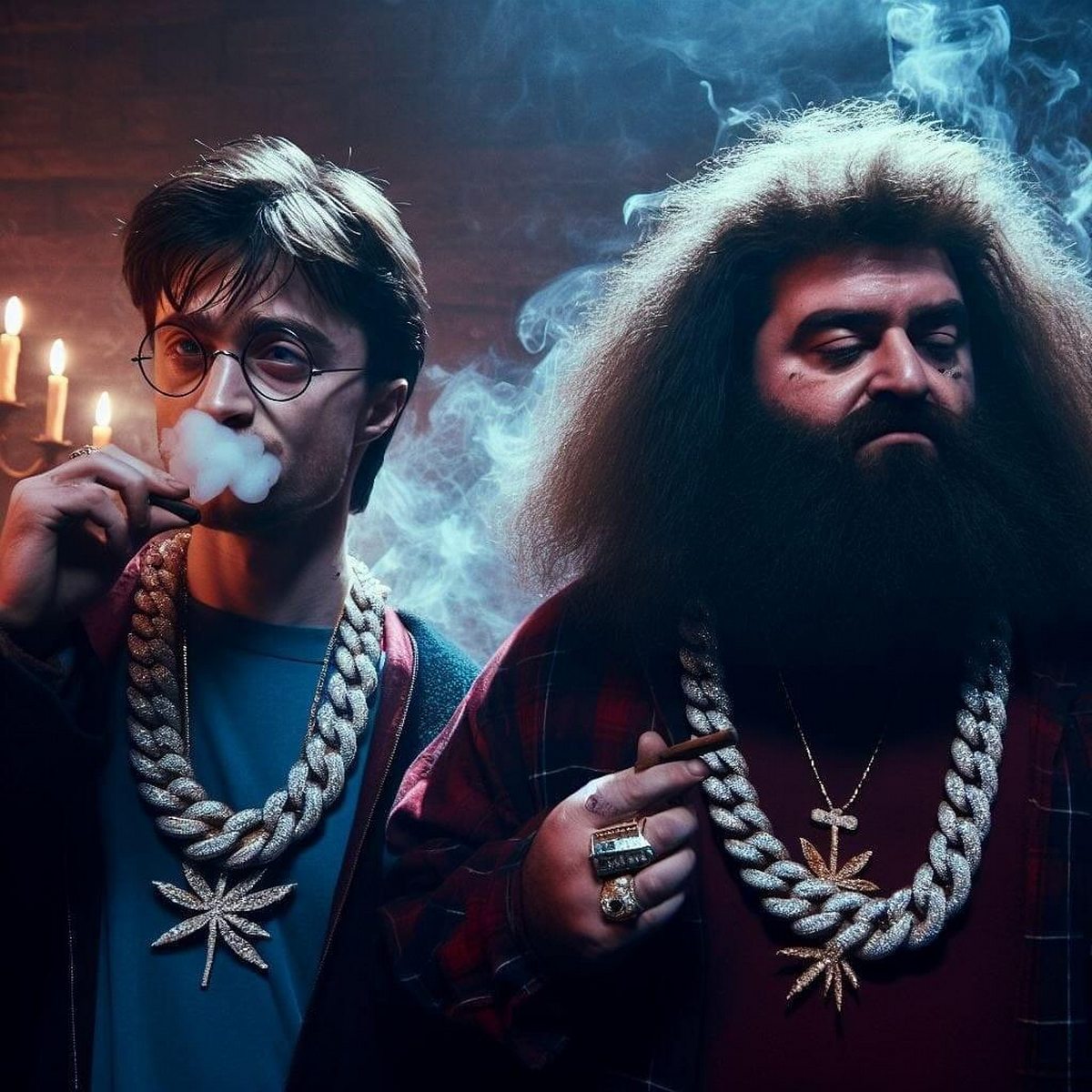 Гарри Поттер и Хагрид с косяками Гарри Поттер и Хагрид, курящие косяки и увешанные золотыми цепями с символами каннабиса