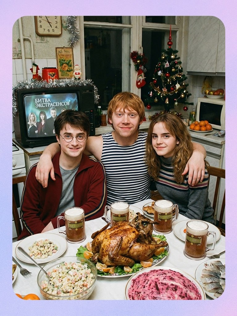 Гарри Поттер, Рон и Гермиона празднуют Новый год в "типичной" российской квартире