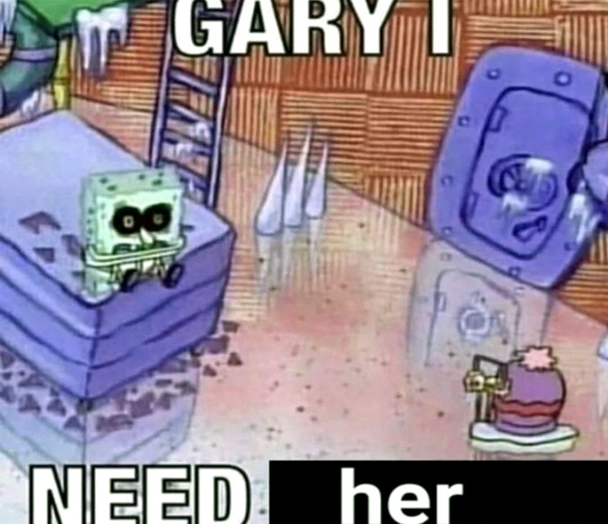 Gary I need her Мем с Губкой Бобом, который сидит в одиночестве на кровати, а на фоне его дом выглядит заброшенным. Надпись на изображении гласит: «Гэри, мне нужна она».