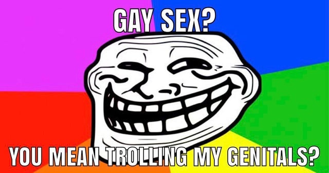 Gay sex? You mean trolling my genitals? Мем-лицо тролля на радужном фоне с надписью «Gay sex? You mean trolling my genitals?»