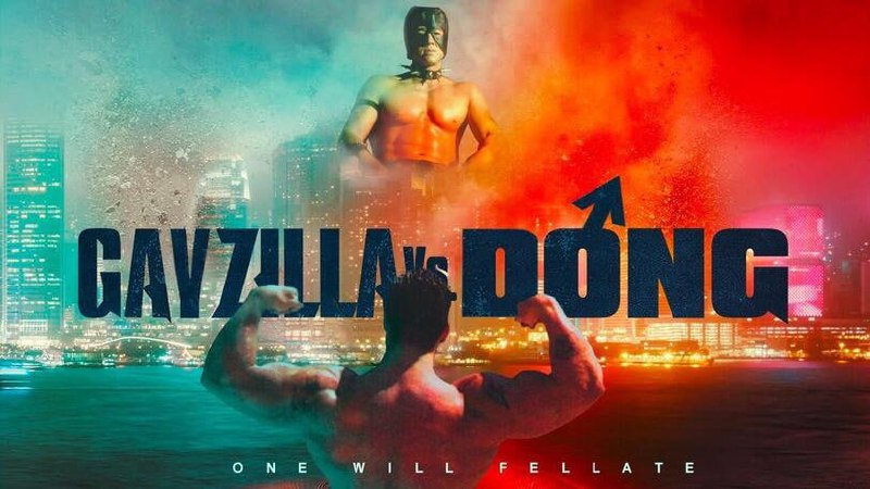 Gayzilla vs Dong Мем в стиле постера фильма «Годзилла против Конга» с мускулистыми мужчинами и надписью «Gayzilla vs Dong»