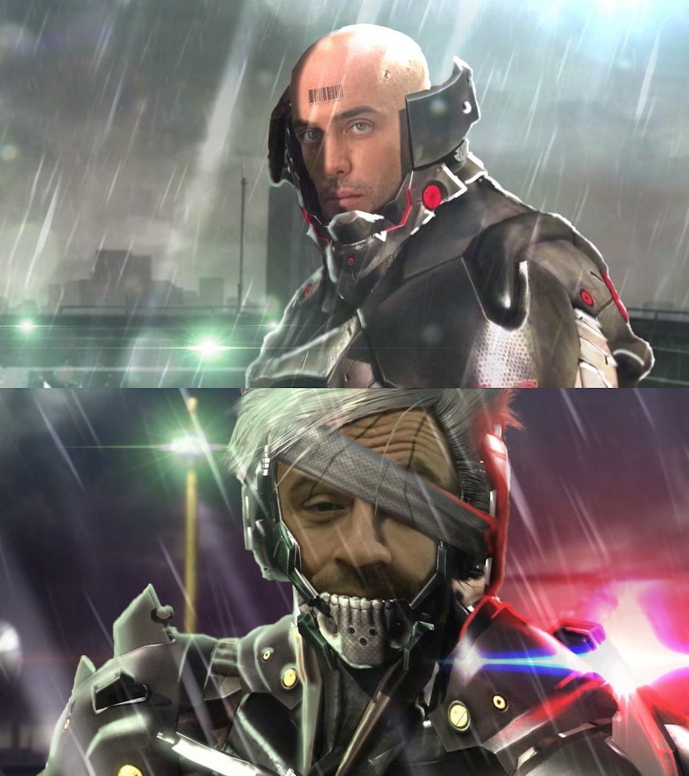 Гейнс из Хитман и Райден из Metal Gear Rising Мем с двумя персонажами в шлемах, один из которых лысый и с штрихкодом на лбу, а другой - с белыми волосами и повязкой на глазу.