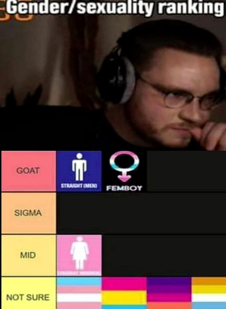 Gender/sexuality ranking Тир-лист гендера и сексуальности, где фембои и натуральные мужчины являются GOAT, а натуральные женщины – MID.
