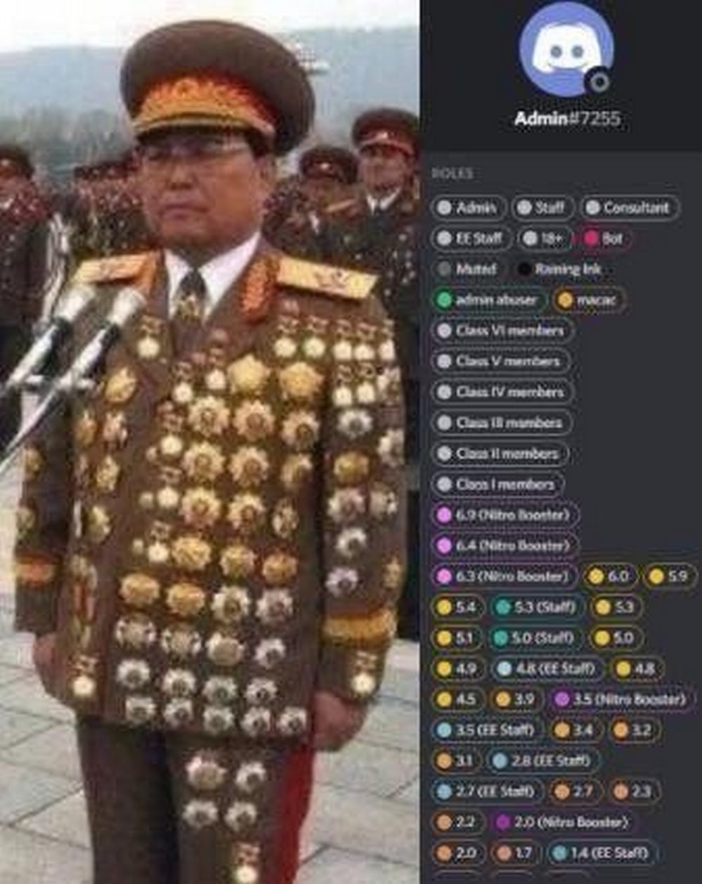 Генерал с медалями и роли в Дискорде Мем, сравнивающий генерала с множеством медалей с пользователем Discord, имеющим огромное количество ролей.