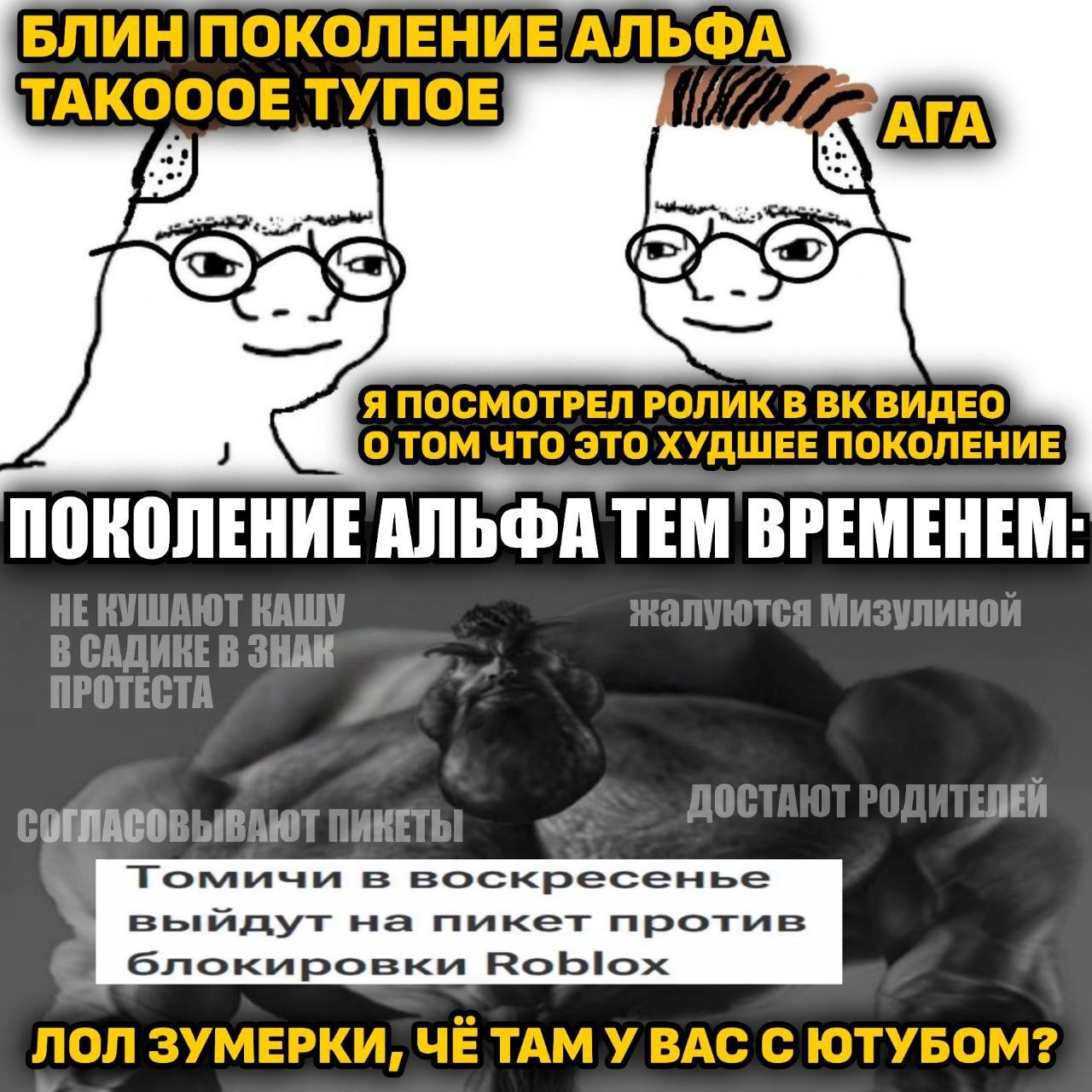 Мем про то, что поколение Альфа такое тупое, пока они протестуют против блокировки Roblox
