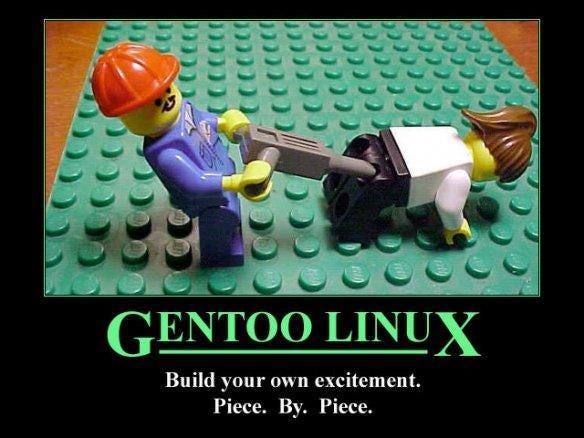 Gentoo Linux: Собирай своё удовольствие по кусочкам Мем про Gentoo Linux, где фигурка Лего с отбойным молотком «собирает» другую фигурку