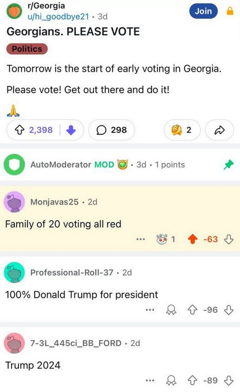 Georgians. PLEASE VOTE Trump 2024 Скриншот обсуждения выборов в Джорджии в Reddit, где призыв голосовать за Байдена встречает сопротивление сторонников Трампа.